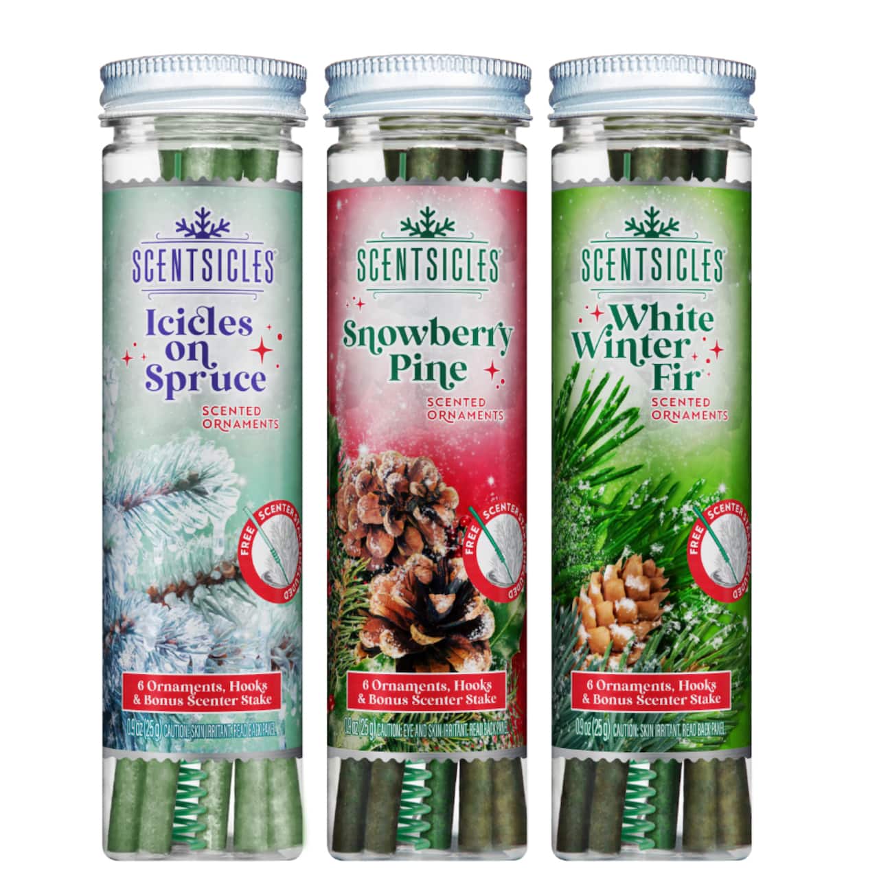 Scentsicles Scented Ornament Stick White Winter Fir, Snowberry Pine and Icicles on Spruce Sticks, 3 Pack of 6